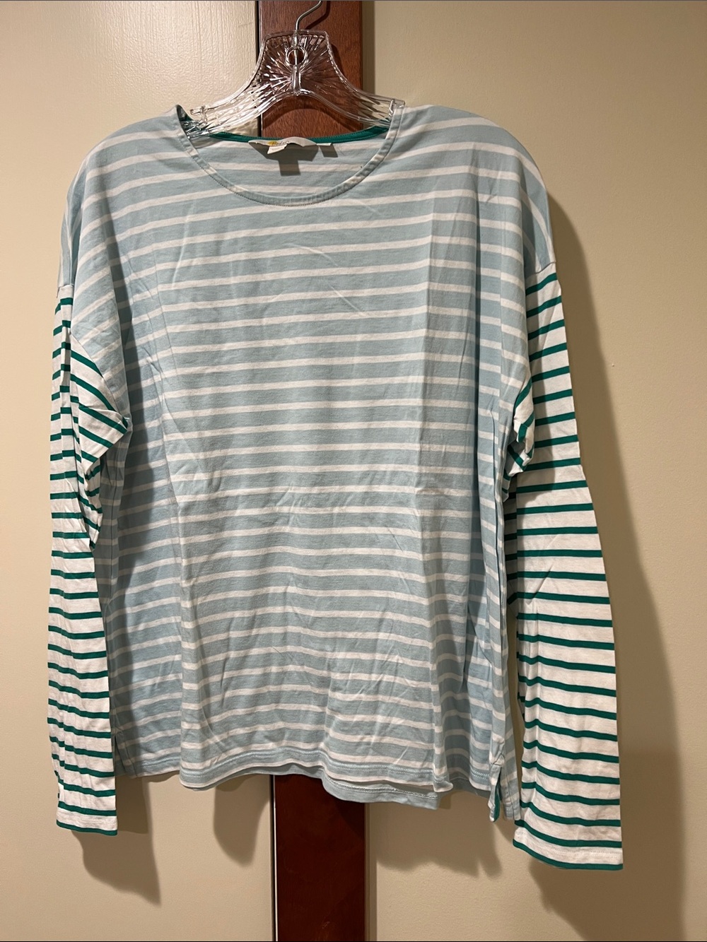 Boden Light Blue and White Striped Tee with Green Trim